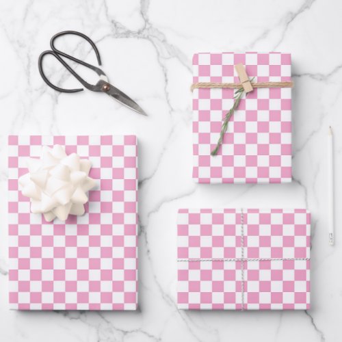 Pink White Checkered Pattern Wrapping Paper Sheets