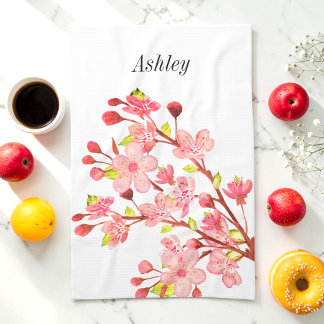 Pink White Cherry Blossom Flowers Chic Kitchen Towel