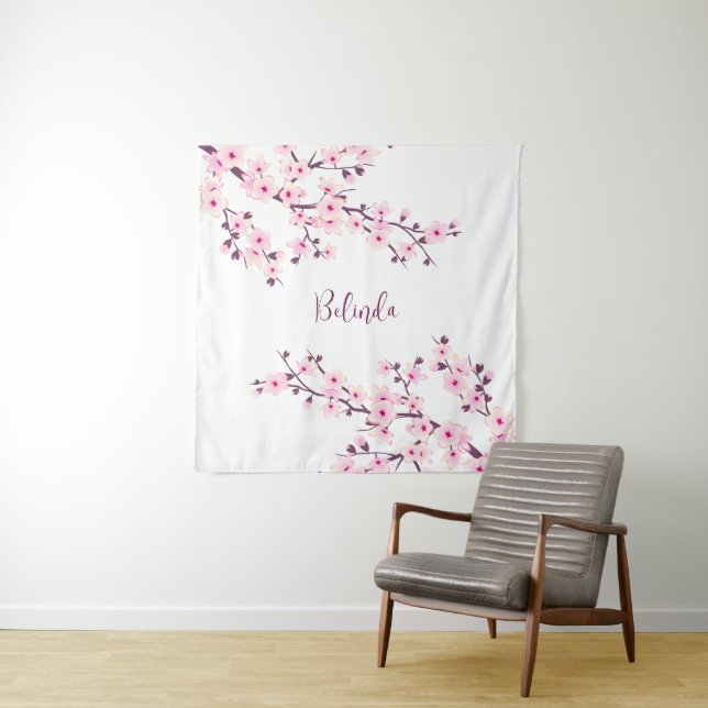 Pink White Cherry Blossom Monogram Tapestry (In Situ)