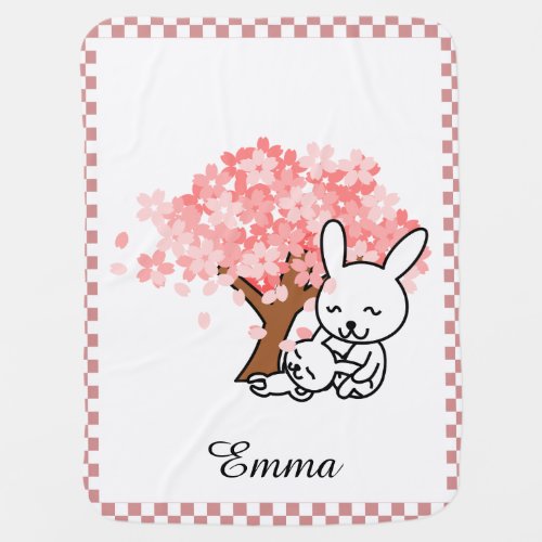 Pink White Cherry Blossoms  Bunnies Personalized Receiving Blanket