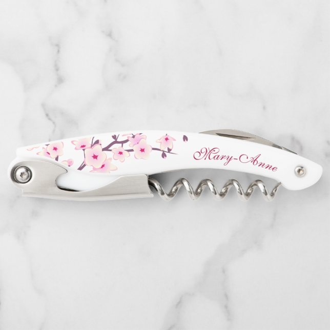 Pink White Cherry Blossoms Monogram Waiter's Corks Corkscrew (Front)