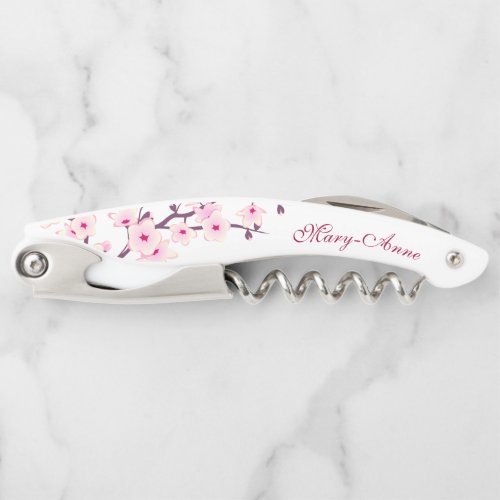 Pink White Cherry Blossoms Monogram Waiters Corks Waiters Corkscrew