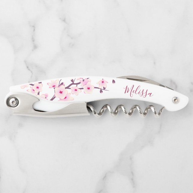 Pink White Cherry Blossoms Monogram Waiter's Corkscrew (Front)