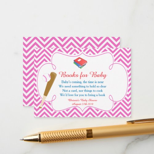 Pink  White Chevron Baseball Baby Book Request Enclosure Card