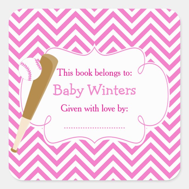 Pink/White Chevron Baseball Baby Shower Bookplate (Front)