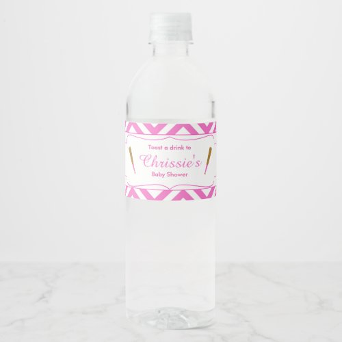 Pink  White Chevron Baseball Baby Water Bottle Label