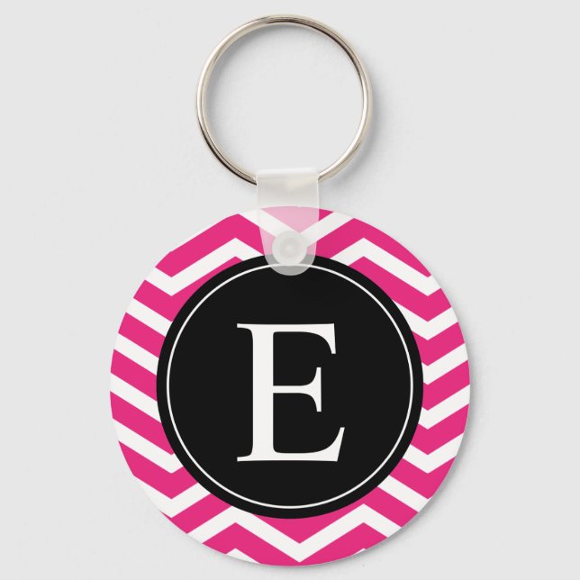Pink White Chevron Black Monogram Keychain (Front)