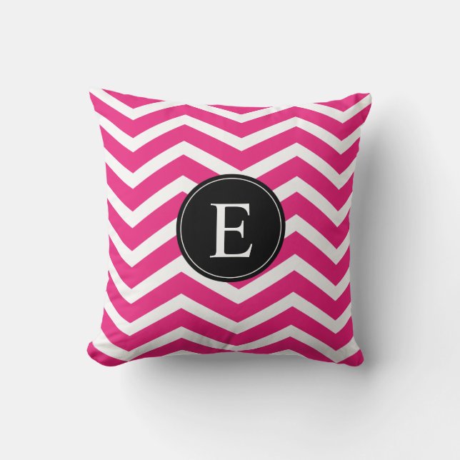 Pink White Chevron Black Monogram Throw Pillow (Front)