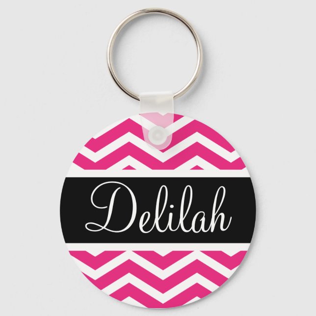 Pink White Chevron Black Name Keychain (Front)