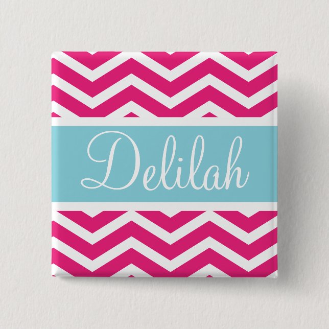 Pink White Chevron Blue Custom Name Pinback Button (Front)