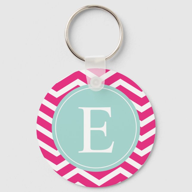 Pink White Chevron Mint Teal Monogram Keychain (Front)