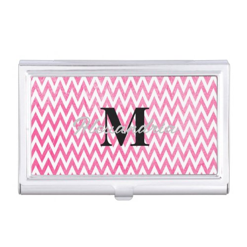 Pink White Chevron Monogram Business Card Case