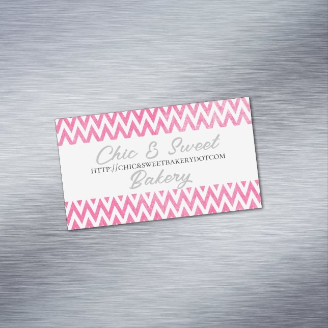 Pink White Chevron Monogram Business Card Magnet (In Situ)