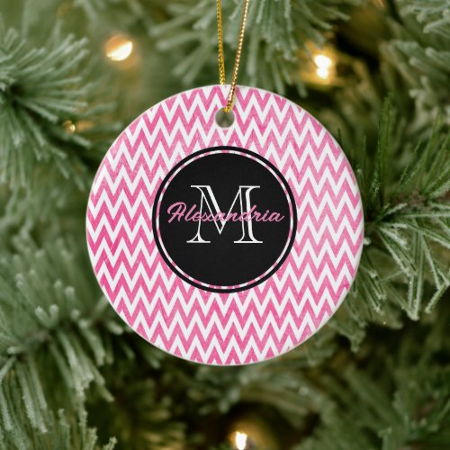 Pink White Chevron Monogram Ceramic Ornament