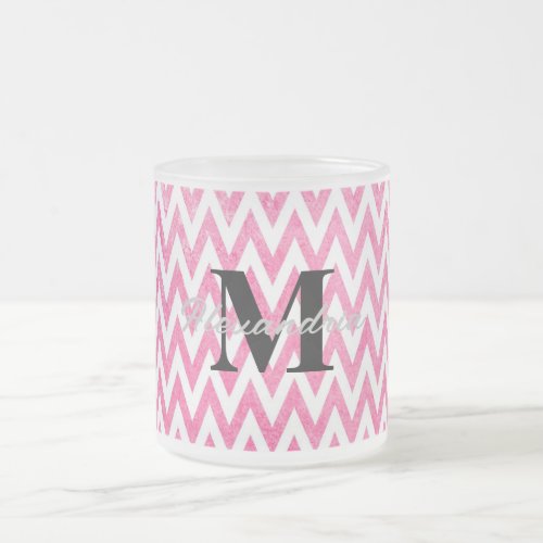 Pink White Chevron Monogram Frosted Glass Coffee Mug