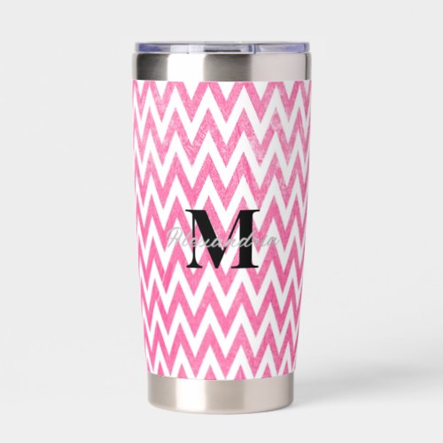 Pink White Chevron Monogram Insulated Tumbler