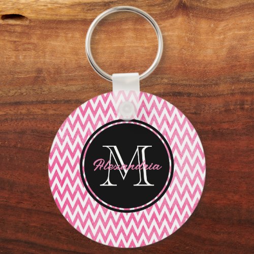 Pink White Chevron Monogram Keychain