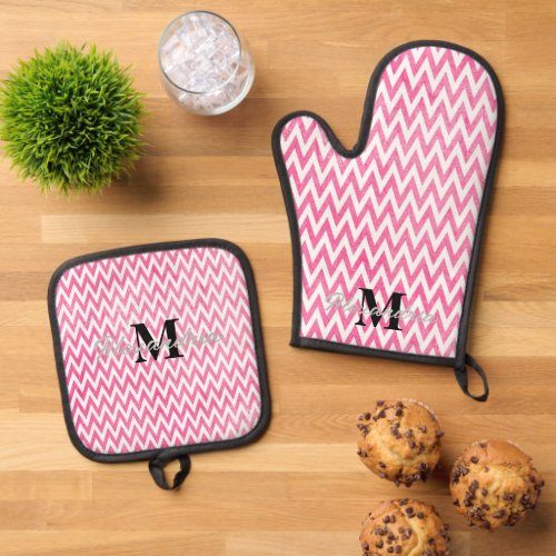 Pink White Chevron Monogram Oven Mitt  Pot Holder Set