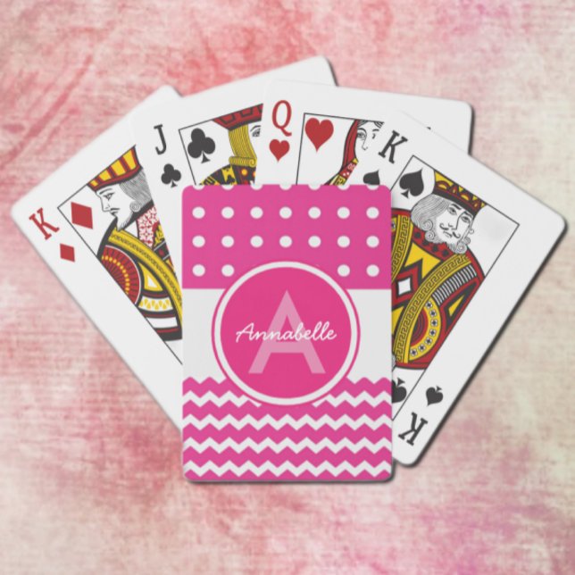 Pink White Chevron Monogram Personalized Poker Cards (Creator Uploaded)