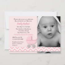 Pink White Chevron Stroller Photo Baby Girl Shower Invitation