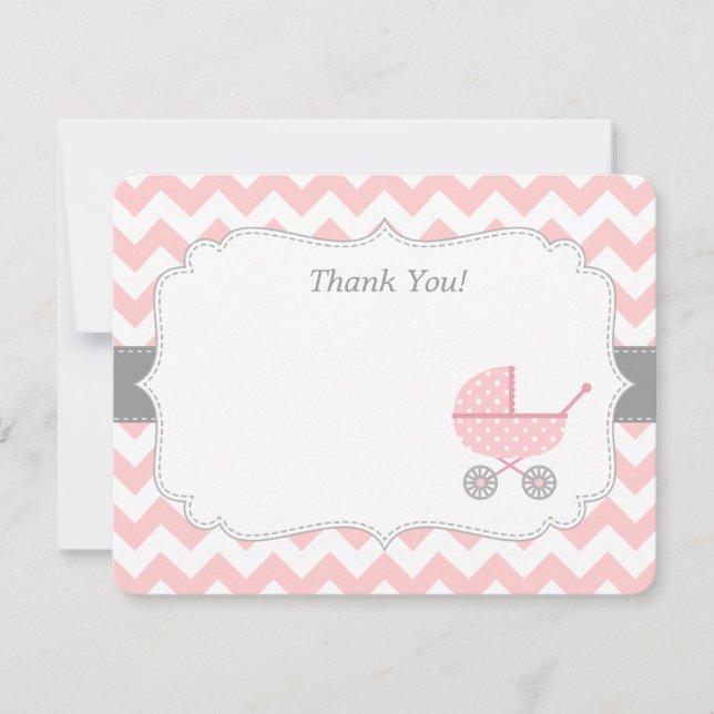 Pink White Chevron Stroller Thank You Note Cards (Front)