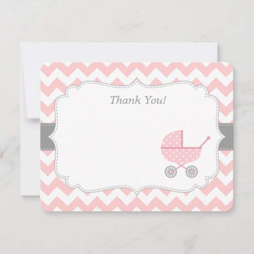 Pink White Chevron Stroller Thank You Note Cards Announcements