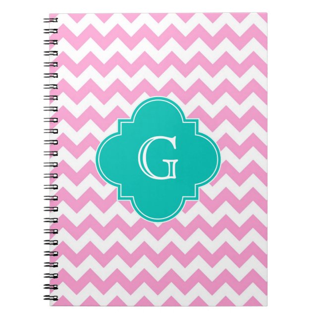 Pink White Chevron Zigzag Teal Quatrefoil Monogram Notebook (Front)