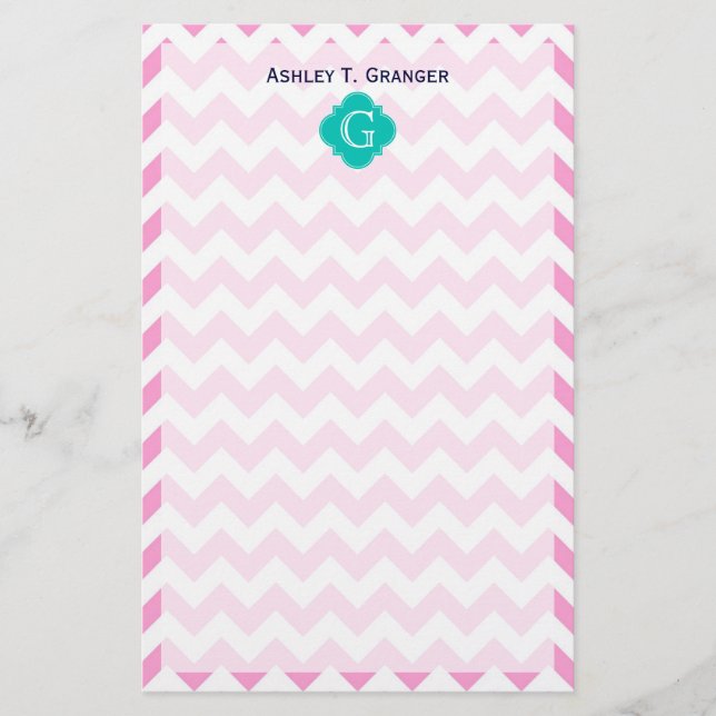 Pink White Chevron Zigzag Teal Quatrefoil Monogram Stationery (Front)