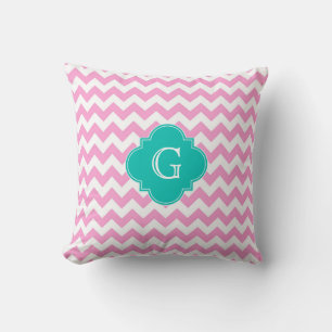 Pink White Chevron Zigzag Teal Quatrefoil Monogram Throw Pillow