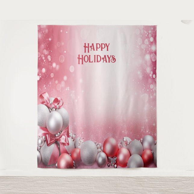 Pink White Christmas Balls Holiday Backdrop (Front)