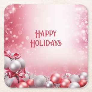 Pink White Christmas Balls Holiday Paper Coaster