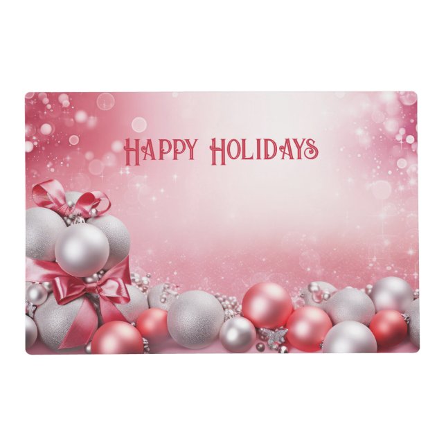 Pink White Christmas Balls Holiday Paper Placemat (Front)