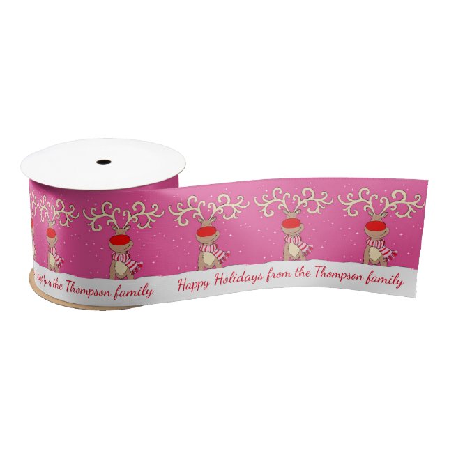 Pink white Christmas big antlers reindeer ribbon (Spool)