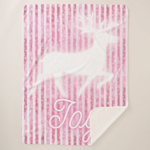 Pink & White Christmas Joy Reindeer Sherpa Blanket