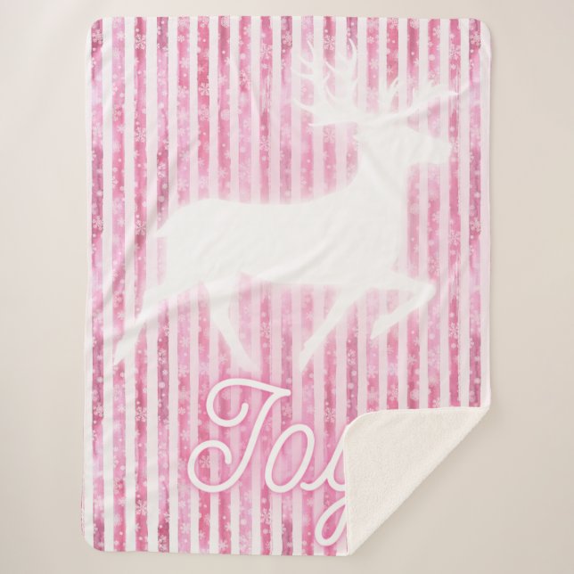 Pink & White Christmas Joy Reindeer Sherpa Blanket (Front)