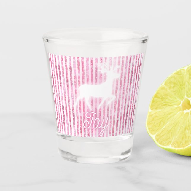 Pink & White Christmas Joy Reindeer Shot Glass (Front)