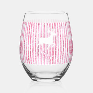 Pink & White Christmas Joy Reindeer Stemless Wine Glass