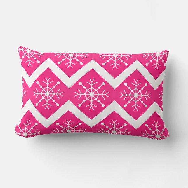 Pink  & White Christmas Snowflakes Chevron Pattern Lumbar Pillow (Front)