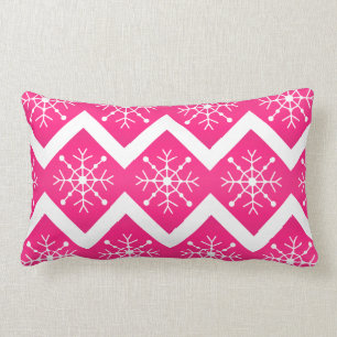Pink & White Christmas Snowflakes Chevron Pattern Lumbar Pillow
