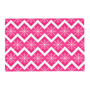Pink & White Christmas Snowflakes Chevron Pattern Placemat