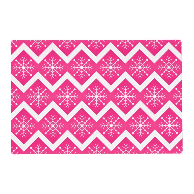Pink & White Christmas Snowflakes Chevron Pattern Placemat (Front)