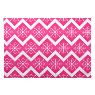 Pink & White Christmas Snowflakes Chevron Pattern Placemat