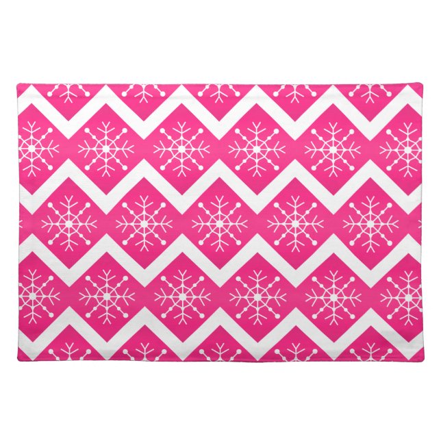 Pink & White Christmas Snowflakes Chevron Pattern Placemat (Front)