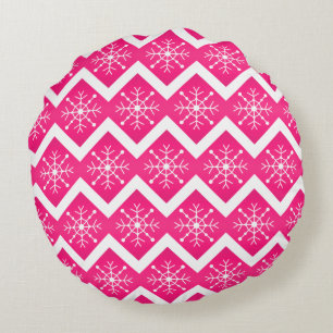 Pink & White Christmas Snowflakes Chevron Pattern Round Pillow