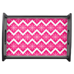 Pink & White Christmas Snowflakes Chevron Pattern Serving Tray