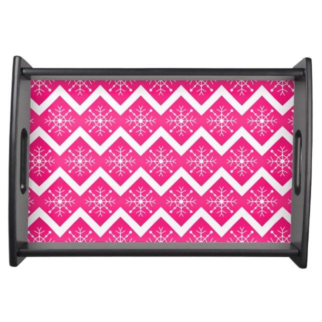 Pink & White Christmas Snowflakes Chevron Pattern Serving Tray (Front)
