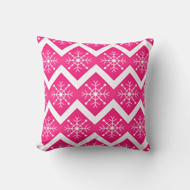 Pink  & White Christmas Snowflakes Chevron Pattern Throw Pillow (Front)