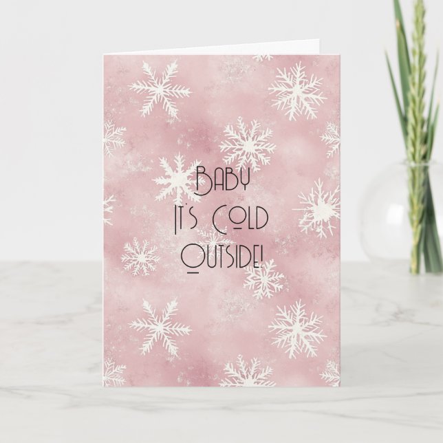 Pink White Christmas Snowflakes Stripes  Card (Front)