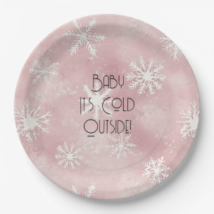 Pink White Christmas Snowflakes Stripes Paper Plates