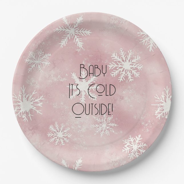 Pink White Christmas Snowflakes Stripes  Paper Plates (Front)